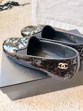 CHANEL Black Sequined CC Logo Slip-On Loafers